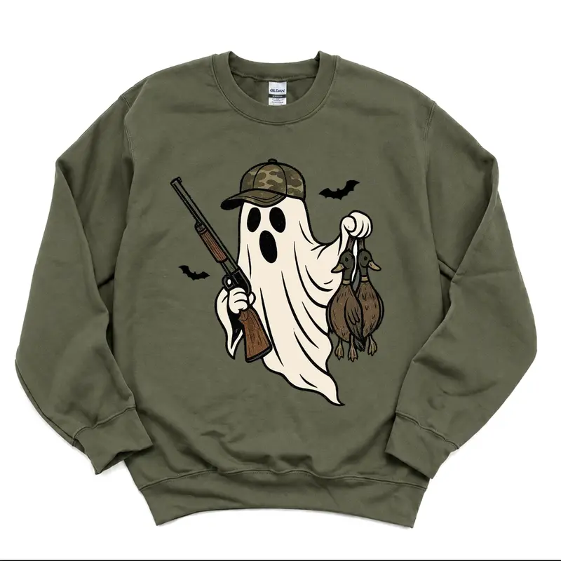 Halloween Boo Ghost Duck Hunting Unisex Pullover Sweatshirt, Spooky Hunting Camo Ghost Top Wear, Hunting Duck Call Halloween Gifts