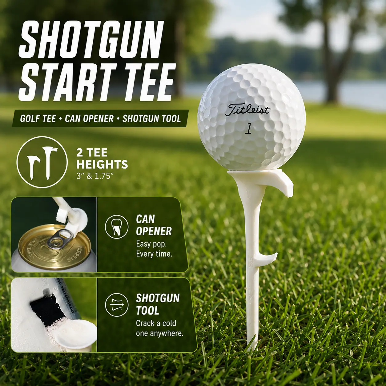 3-in-1 Golf Tee with Built-in Shotgun Tool & Can Opener - Consistent 3" Tee Height, Ideal for Buddies & Bachelor Parties (Golf Cart Accessory)