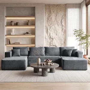 【2 Packages Shipping】MODMOOD 133" Plush Corduroy Cloud Velvet Modular Boneless Couch with Chaise & Ottoman, No Assembly Required - L/U-Shaped Sectional Sofa Set with Flexible Configuration - 133"W x 69.5"D x 30"H, 5 Seater