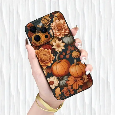Flower & Pumpkin Pattern Phone Case, Anti-drop Phone Protective Cover, Phone Accessory Compatible with iPhone 11 12 13 14 15 16 Pro Max