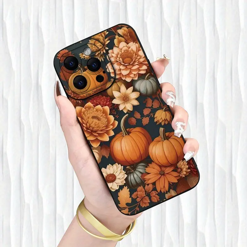 Flower & Pumpkin Pattern Phone Case, Anti-drop Phone Protective Cover, Phone Accessory Compatible with iPhone 11 12 13 14 15 16 Pro Max