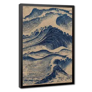 Framed Japanese Style Ocean Wave Wall Art Coastal Wall Decor Picture Minimalist Woodblock Print Navy Blue and Cream Abstract Seascape Artwork for Living Room Bathroom Bedroom 16xi24n
