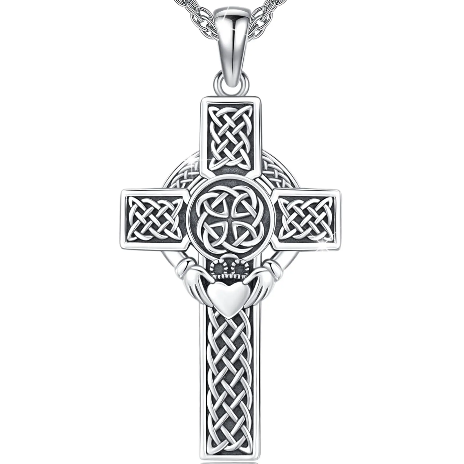Thanches 925 Real Silver Celtic Cross Pendant Necklace - Crucifix Silver Necklaces & Pendants for Men, Irish Trinity Knot, Claddagh Evil Eye Design, Symbolizing Love Loyalty Daily Jewelry Gift for Lover, 925 Real Silver Necklaces & Pendants