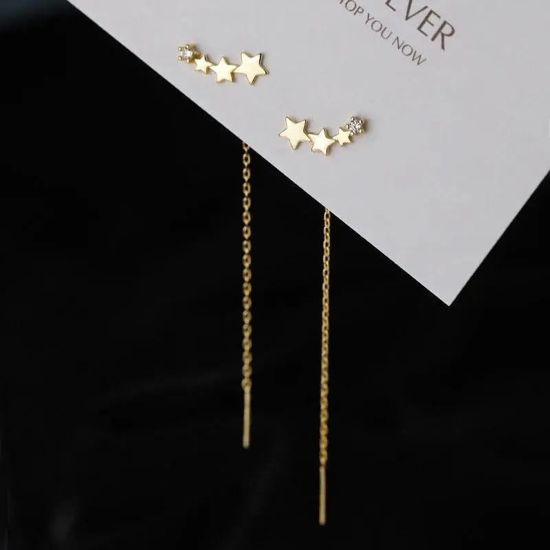 Women's Trendy Long Wire Tassel Thread Chain Earrings with Climb Star, Heart Beads & Pendants - Dangle, Hook-Type Straight Hanging Costume Jewelry Accessories, Dangle Earrings, Hook-Type Earrings