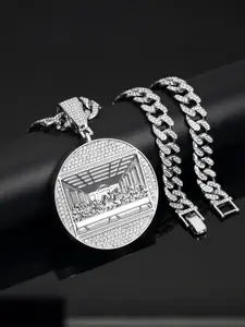 Hip Hop Zircon Pendant Necklace, Alloy Chain, Cuban Link Chain, Street Style Artisan Jewelry, Iced Out Jewelry, Trendy Hip Hop Personality Accessories