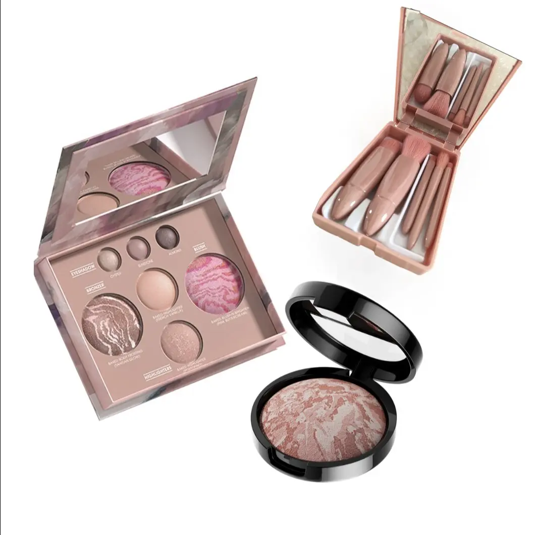7 Color Contour Eyeshadow Blush Palette + Five Flower Powder Compact + Portable Mini Brush Set, Makeup Kit for Women & Girls Beauty Sets