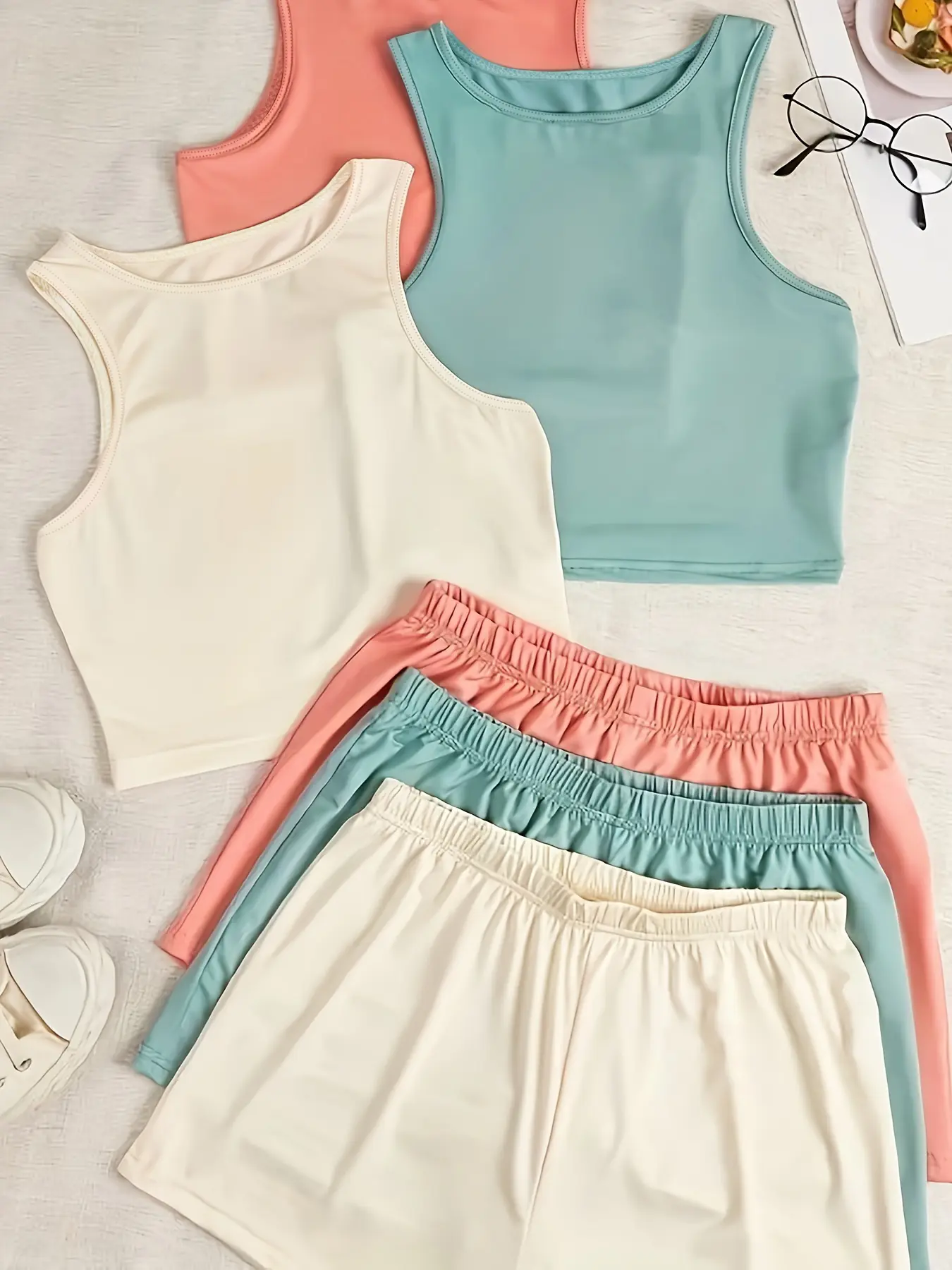Women's 6-Piece Casual Pajama Set, Basic Polyester Blend Loungewear with Round Neck Sleeveless Crop Tops and Shorts, Plain