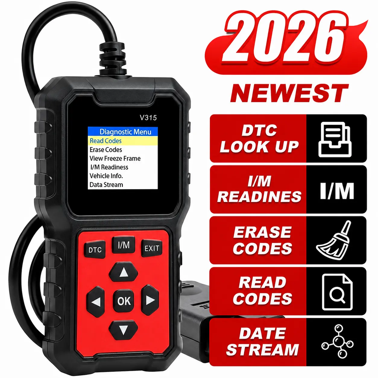 V315 OBD2 Code Reader for Cars, Engine Diagnostic Scanner with Code Reading & Clearing, DTC Lookup, Live Data and I/M Readiness