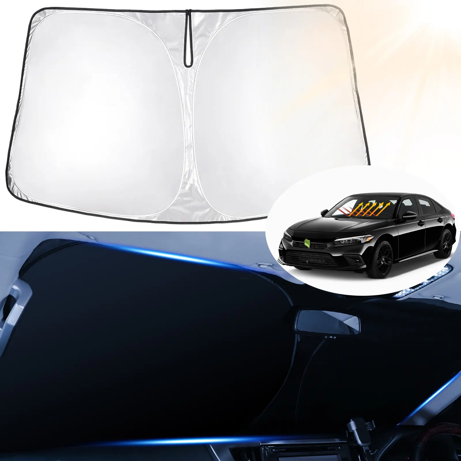 Canvcle Car Sunshade Curtain for Honda Civic 2006-2026, Vehicle Specific Precise Fit 240T Reflective Polyester 5-Layer Front Windshield Cover, Thermal Insulating, UV-Block Front Window Foldable Shade Car Exterior Accessory