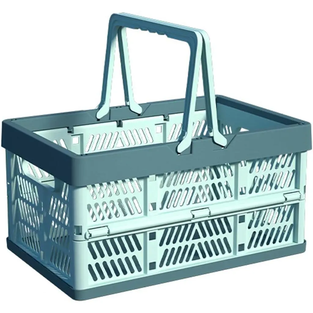 Plastic Storage Crate - 20L Collapsible, Stacking Organizer Storage Basket for Household, Kitchen, Desktop Use, Hollow Design, Sky Blue & Gray Blue M, Desktop Storage