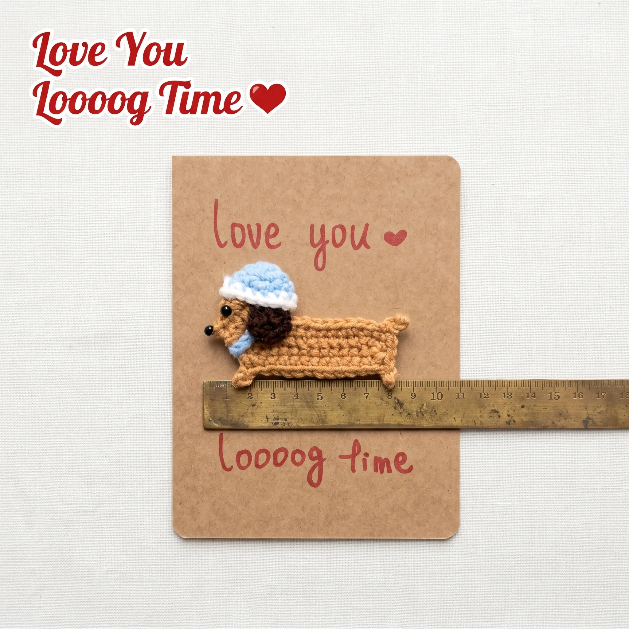 Handmade Crochet Dachshund Anniversary Card – Cute "Love You Loooog Time" Wiener Dog Flat Postcard for Boyfriend, Girlfriend, Husband, Wife