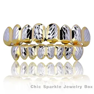 18K Gold Plated Ice Crystal Gold Dentures - 8 Upper & 8 Lower Teeth, Hip Hop Rapper Costume Grillz  Oral Silicone