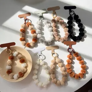 [Ningxin] Plush high-end exquisite mobile phone lanyard short wrist hairball pendant lanyard plush ins Internet celebrity same hand lift wrist chain case wrist strap keychain U disk pendant rope anti-lost belt Phone Charms Cell Phone Charm