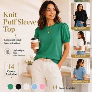 OFEEFAN Women's Puff Short Sleeve 2025 Spring Summer Sweater - Lightweight Knit Top - Business Casual Blouse, Soft & Breathable for Layering