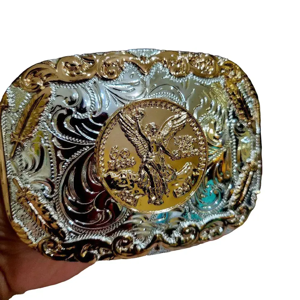 Centenario Belt Buckle Faux Mexican Peso Design with Central Emblem, Cushion shape  Style, and Decorative Elements, Unisex, Metal, 4.5 x 3.5 Inches for Upto 2 inch belt