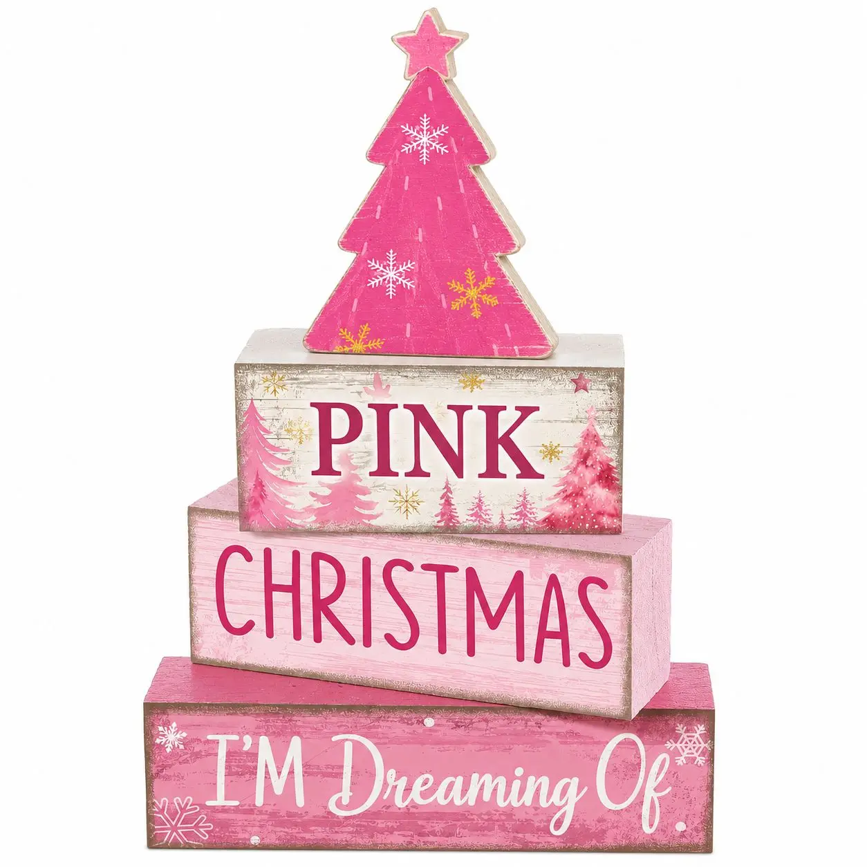 Christmas Decorations Indoor, Winter Pink Christmas Tree Home Decor | Wooden Winter Christmas Table Decoration, Farmhouse Xmas Party Centerpiece Tiered Tray Decor Gift for Kitchen Mantel Office