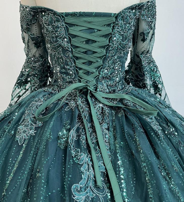 NO.43  Quinceañera Dress Off The Shoulder Bell Sleeves Green Blush Sparkle Tulle Ball Gown Dress