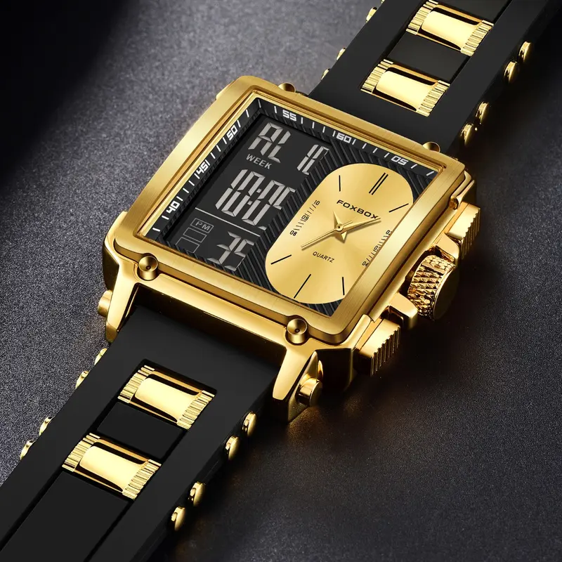 Men's Casual Fashion Square Dial Digital Analog Quartz Watch, Fashion Waterproof Watch for Party, Trendy All-match & Exquisite Watch for Gift with Box, Quartz Wristwatch, Quartz Movement Watch