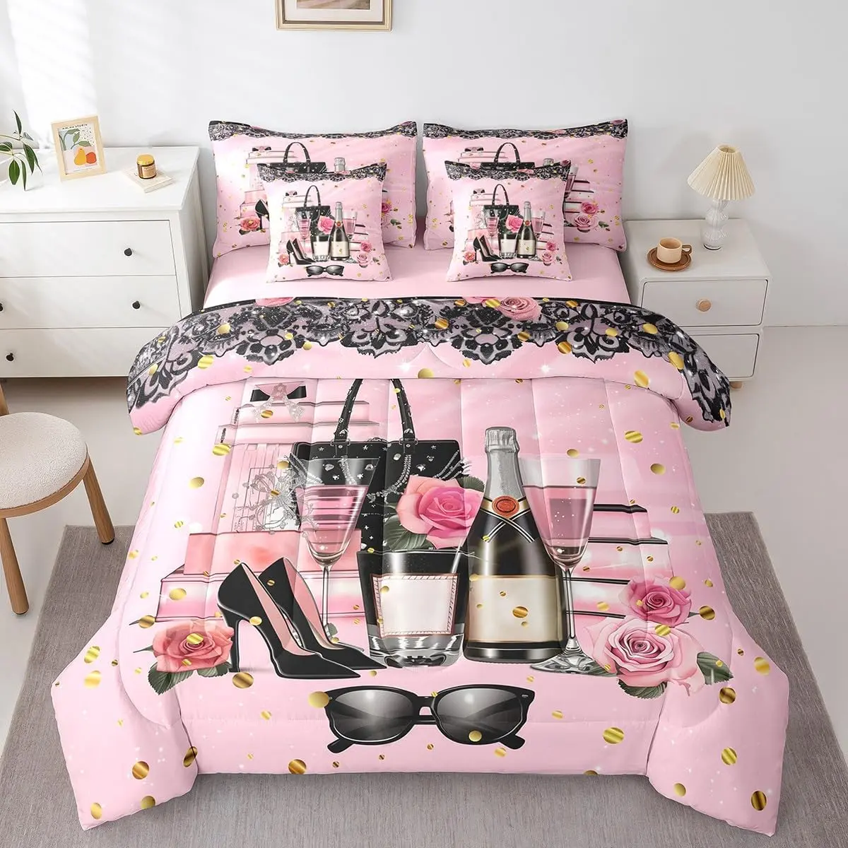 Feelyou Women's Modern Blush Pink Floral Bedding Set - Breathable Soft Warm Microfiber Bed-in-a-Bag, Comforter with Bedsheet Sets for Halloween, Thanksgiving, Valentine's Day