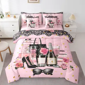 Fashion Women Comforter Set with Sheets,Modern Pink Girly for Girls Kids Teens Magazine Book Rose Flower Bed in a Bag