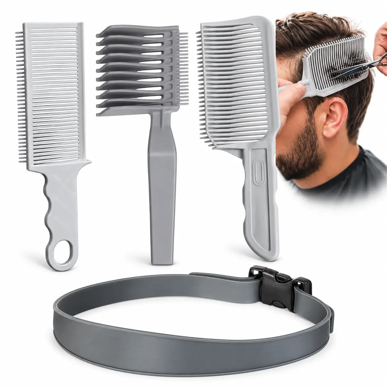 4 Pcs Hair Cutting Guide Comb Kit for Men, DIY Self Haircut Tools Set with Adjustable Neckline Shaving Guide Band, Fade Comb and Hair Trimming Combs, Home Barber Styling Accessories