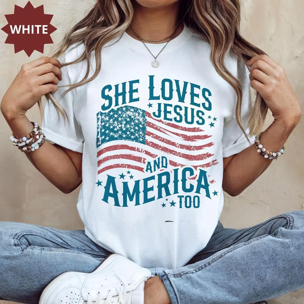 Women's Independence Day Patriotic T-shirt, Christian Shirt, 4th Of July Shirt, She Loves Jesus And America Too Shirt, America Retro Shirt, Usa Shirt, USA Flag Tee for Women
