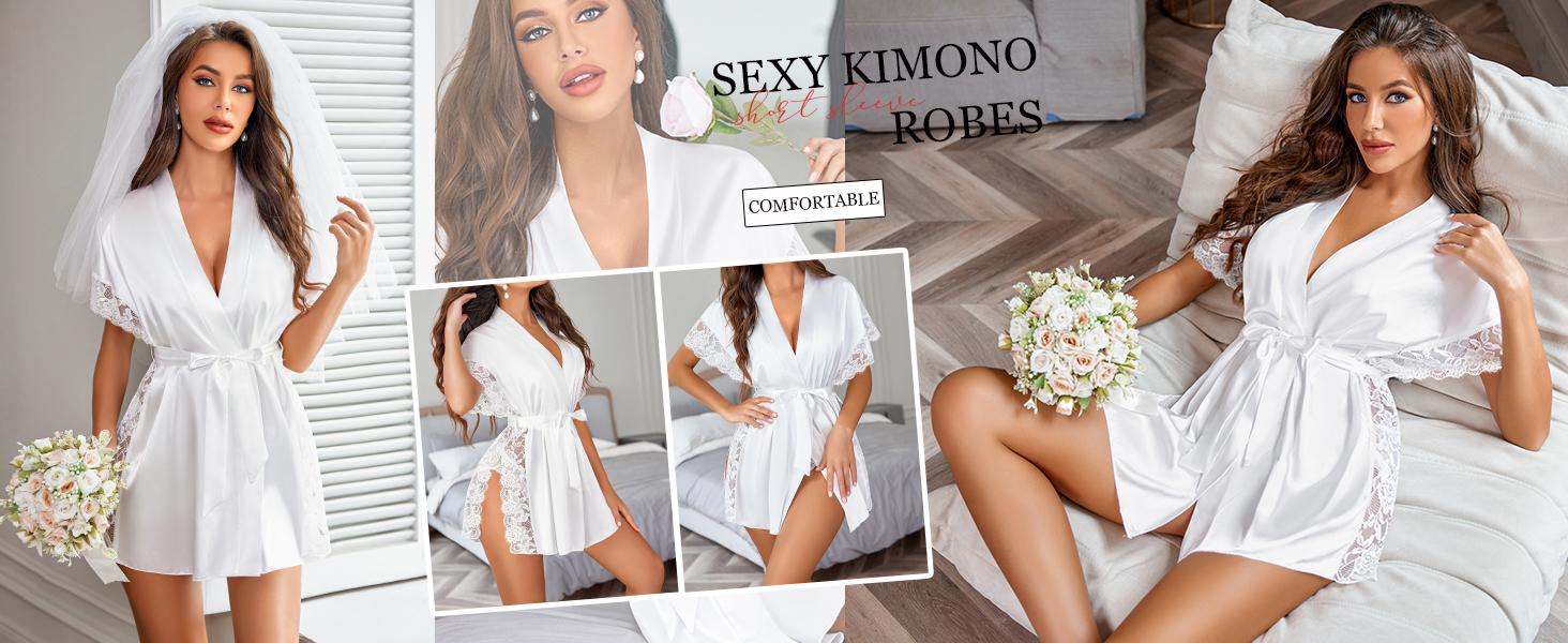 Avidlove Women Lingerie Robe Satin Sleepwear Eyelash Lace Kimono Side Split Sexy Silk Robes