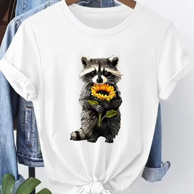 Cottagecore Country Cute Raccoon Sunflower Graphic Tshirt Women White Crewneck Tee Wild Animal Floral Print Farm Casual Summer Vacation Top
