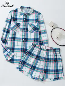 Women's Blue Plaid Pajama Set Long Sleeve Button Down Shirt with Shorts 2 Piece Loungewear Soft Breathable Sleepwear Classic Checkered Pjs Nightwear Relaxed Fit Homewear for Ladies