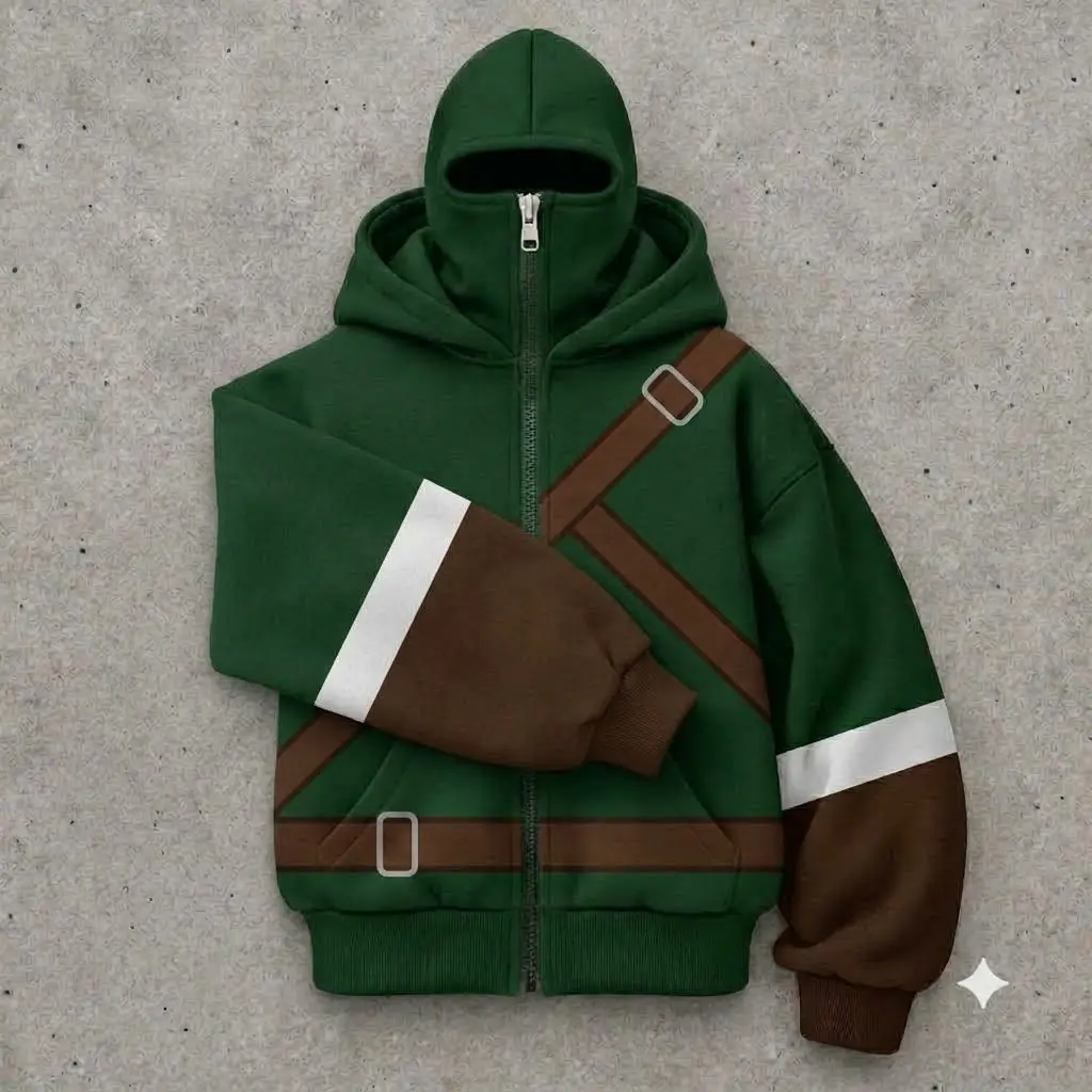 Green Knight Kingdom Hero Graphic Full Zip Balaclava Hoodie Fantasy Cosplay Shield Zip Up Sweatshirt Y2K Oversized Gaming Jacket
