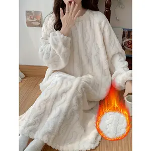 SERACAL Women's Autumn Winter Thickened Coral Fleece Lined Warm Sleep Dress Cozy Loungewear Robe for Cold Mornings & Relaxing Weekends Full-Length Robe Dress with Crew Neck & Long Sleeves