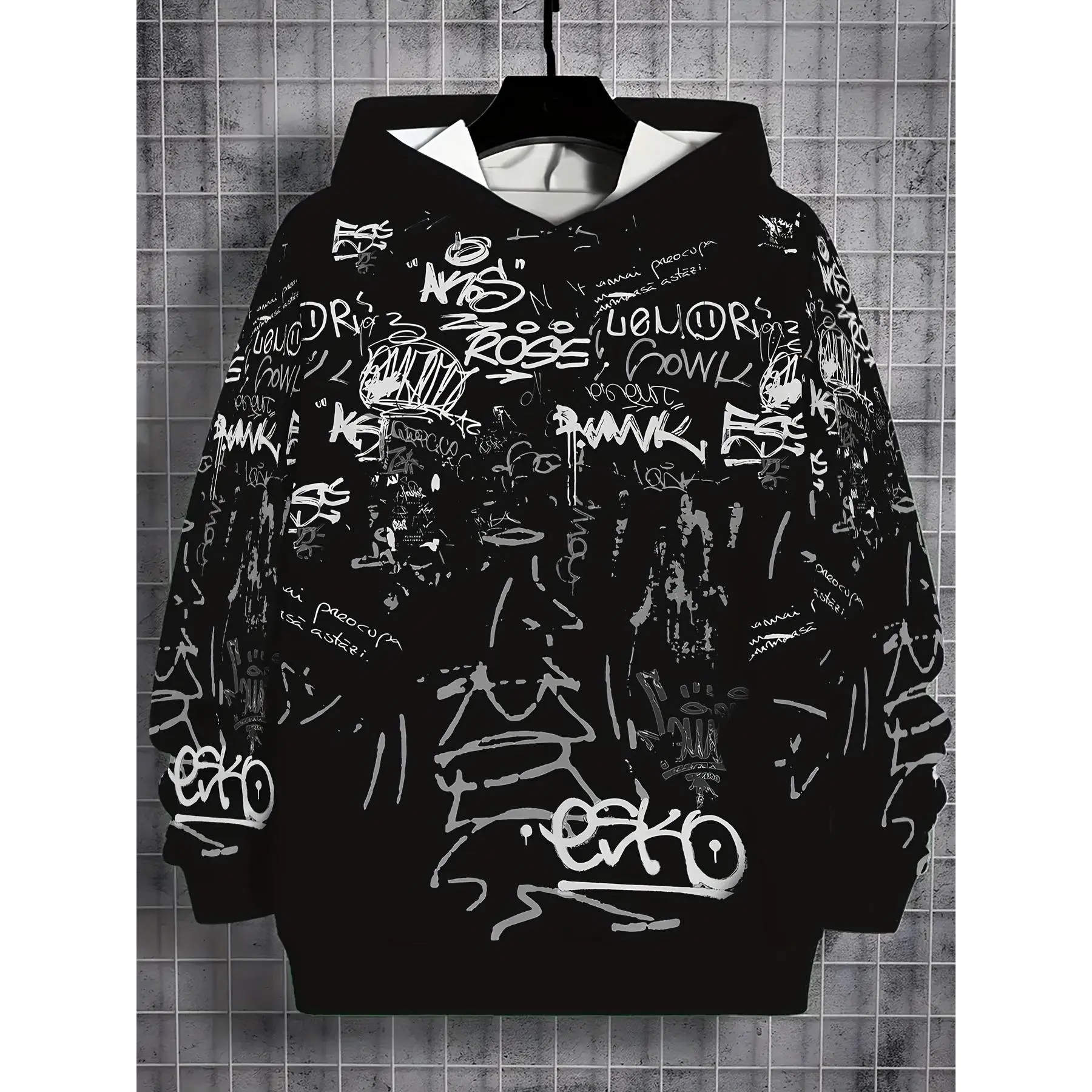 Boys' 3D Printed Casual Hoodie - Black with White Graffiti Design, Long Sleeve Pullover for Spring & Fall, Outdoor Singing Shirt, Polyester, Regular Fit, Casual Wear Hoodie |       Graffiti Print Hoodie |       Polyester Hoodie, Boy Hoodie-W2Y