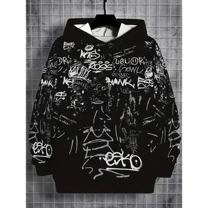 Boys' 3D Printed Casual Hoodie - Black with White Graffiti Design, Long Sleeve Pullover for Spring & Fall, Outdoor Singing Shirt, Polyester, Regular Fit, Casual Wear Hoodie |     Graffiti Print Hoodie |     Polyester Hoodie, Boy Hoodie