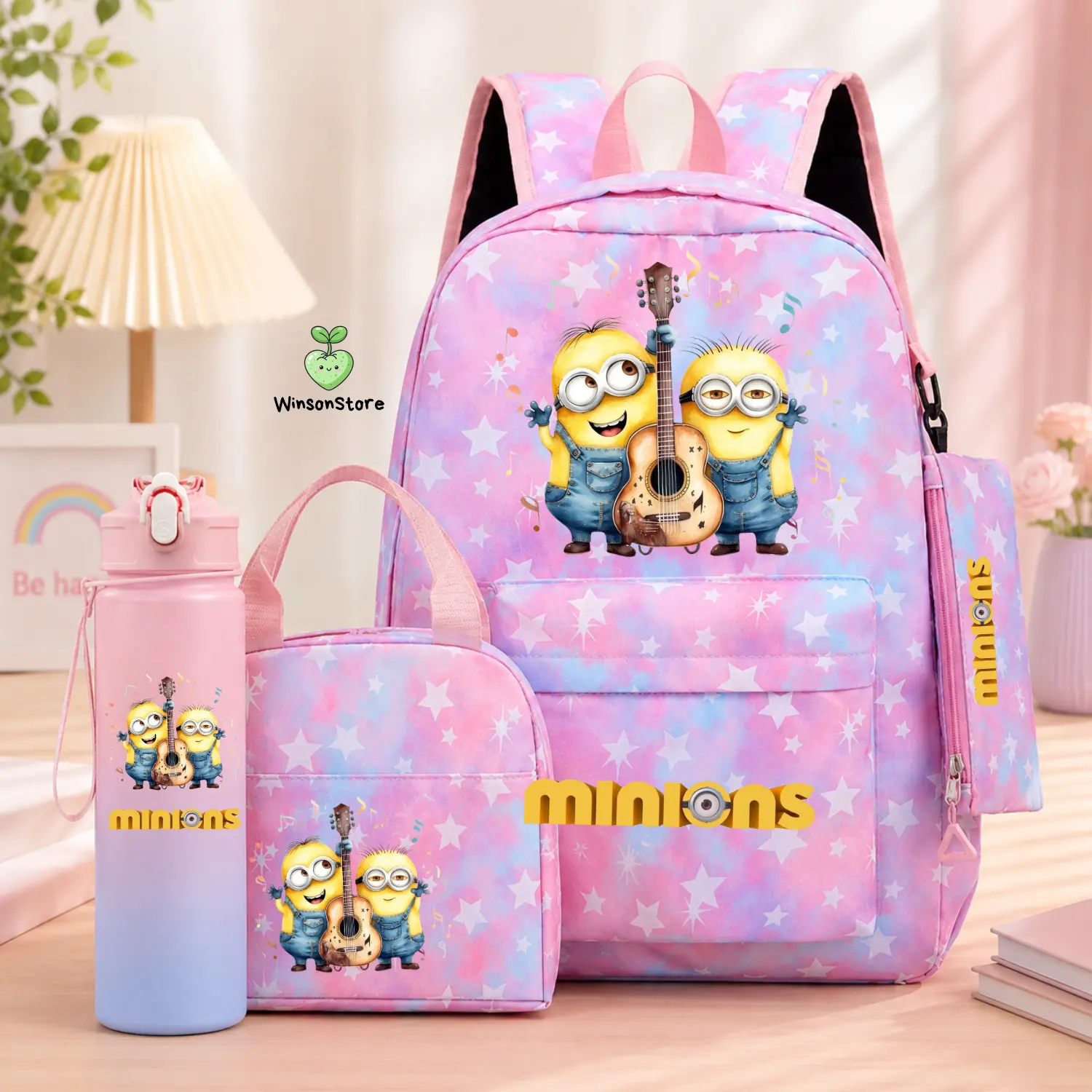 4PCS Minions Backpack Set for Girls, Pink Kids School Bookbag, Back to School Gift