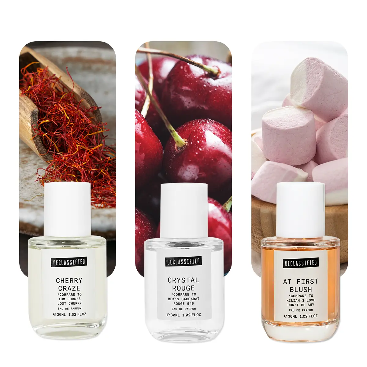 Declassified Eau de Parfum Set Crystal Rouge Cherry Craze At First Blush 30ml Each Orange Blossom Saffron Cherry Amber Marshmallow Vegan Cruelty Free