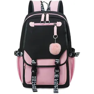Backpacks For Teen Girls With USB Port,black cute backpack Can Hold 15.6in Notebook,Tablets.Girls Backpack Can Be Used As Gift for Students Or Friends(Black+Pink)