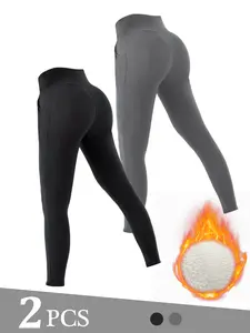 2pcs Thermal Plush Lined Leggings for lady,Pockets,Warm,Slimming,and comfy Winter Wear for Outdoor Activities-Casual Style,Perfect for Cold Weather