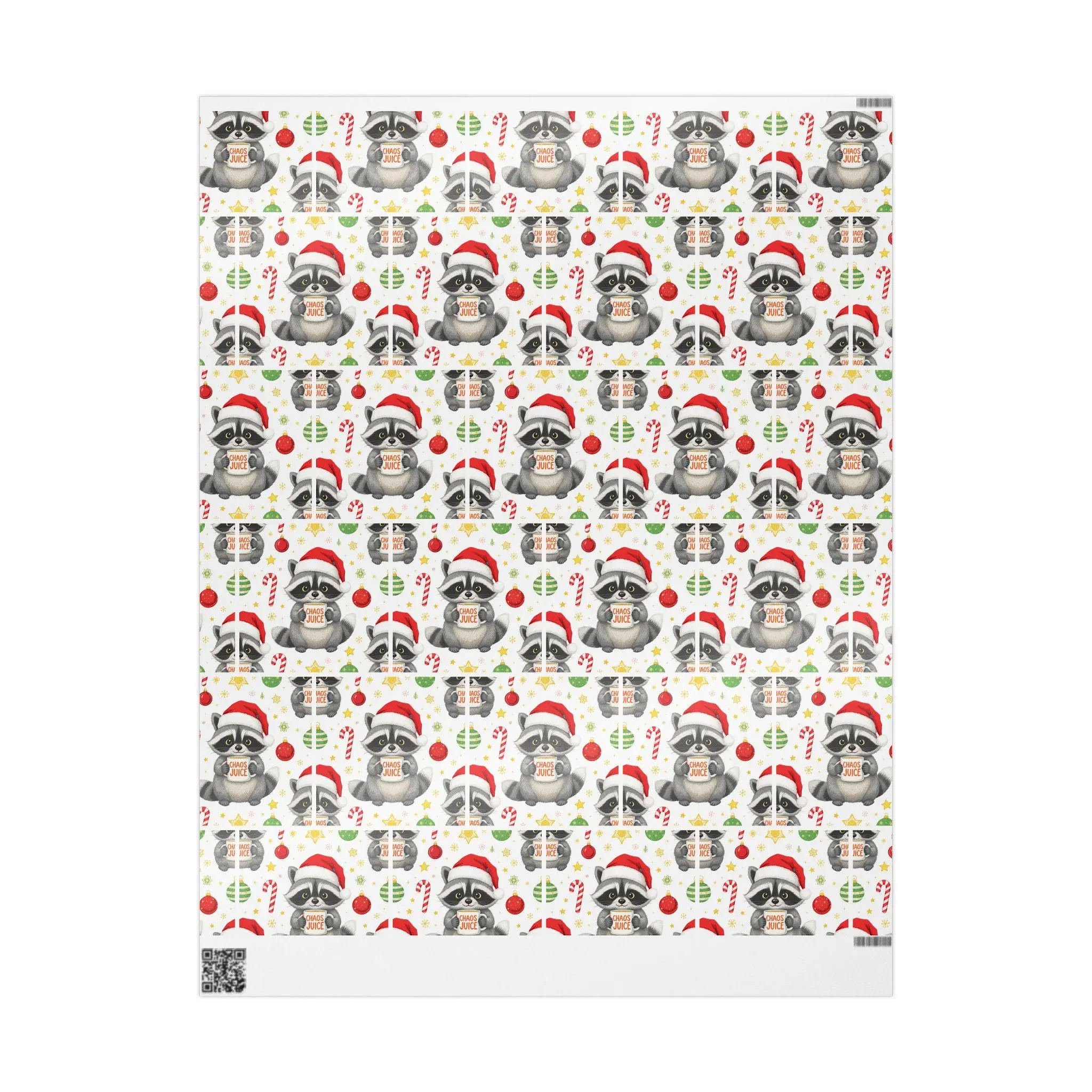 Raccoon Santa Pattern Wrapping Papers | Holiday Gift Wrap Roll, Glossy or Matte