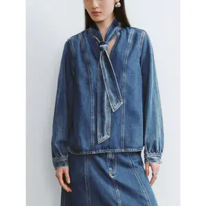 URBAN REVIVO 2026 Spring New Women's Tie-Neck Long-Sleeve Denim Blouse Shirt, Retro Vibe Cotton Blend Clothes, Medium Wash Straight Cut, Casual Top, UWG840244