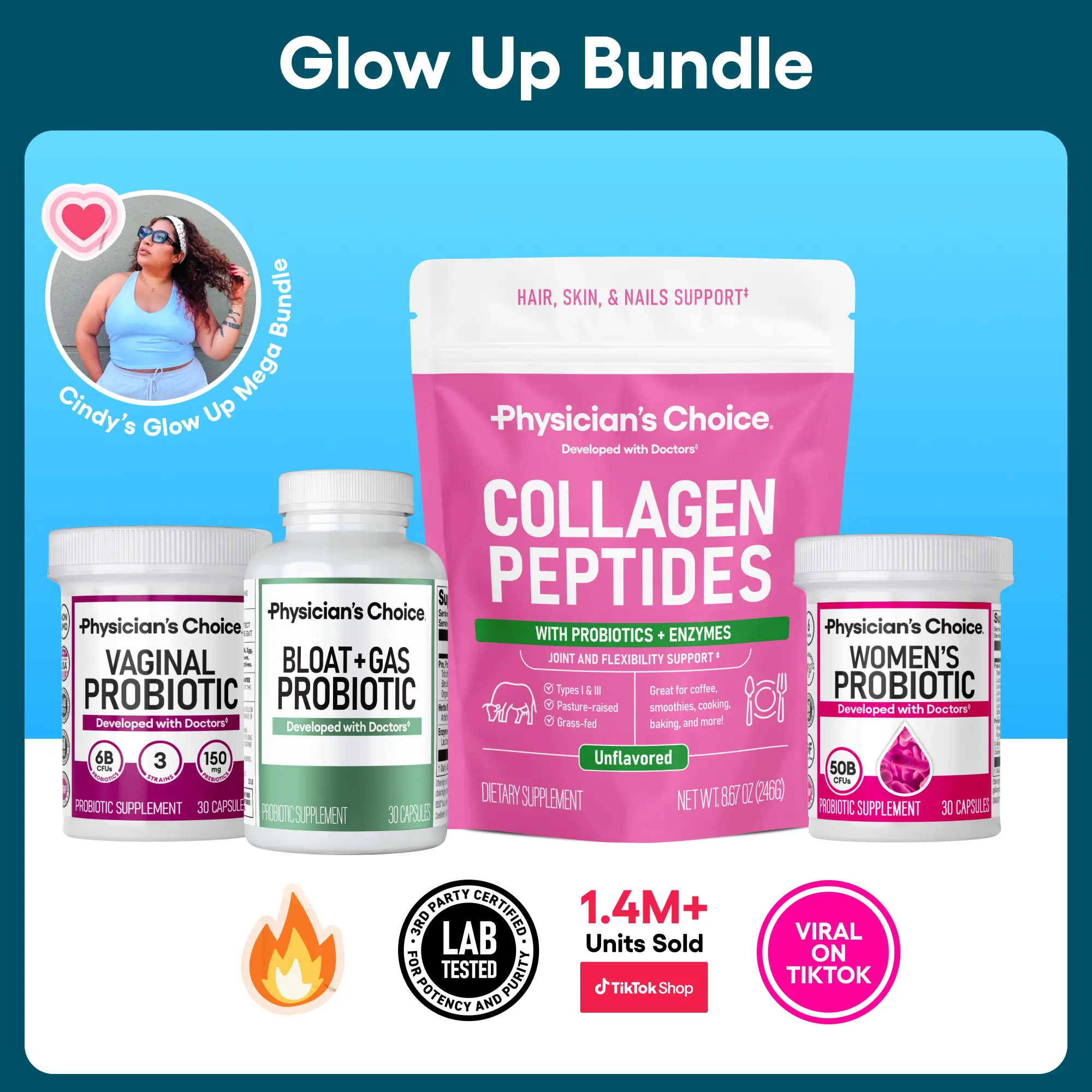 Cindy's Glow Up Mega Bundle: Women's Probiotic + Vaginal Probiotic + Bloat & Gas Probiotic + Collagen Powder by Physician's Choice Cindy's Glow Up Mega Bundle: Women's Probiotic + Vaginal Probiotic + Bloat & Gas Probiotic + Collagen Powder by Physician's Choice
