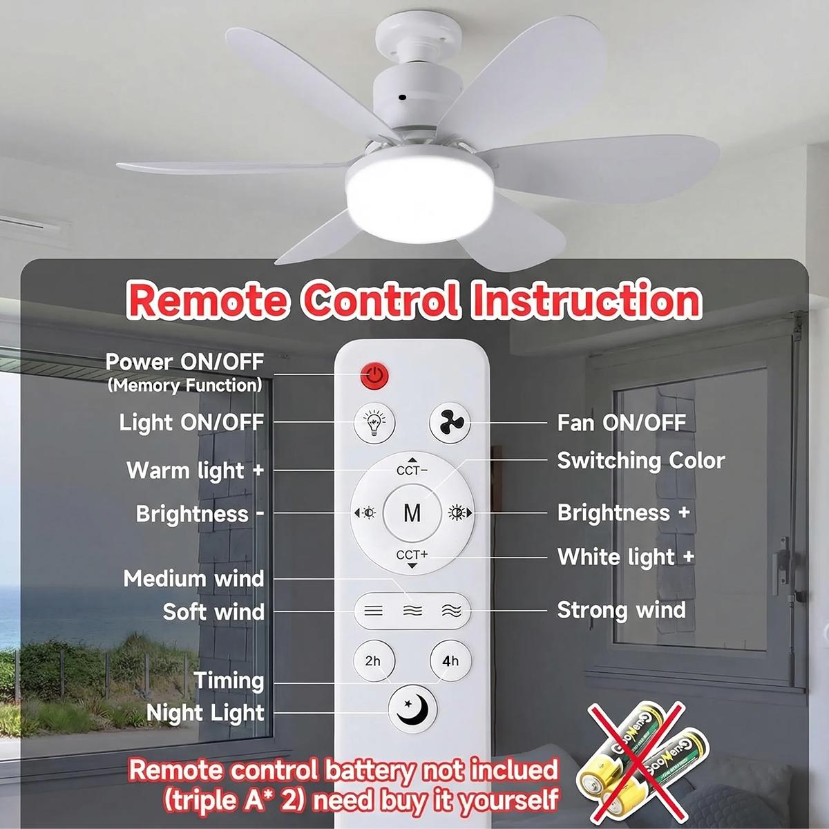 Portable Socket Fan Light with Remote & Intelligent Mobile Phone Control, E27 Ceiling Fan with 3 Lighting Modes for Bedroom, Kitchen, Living Room & Baby Room