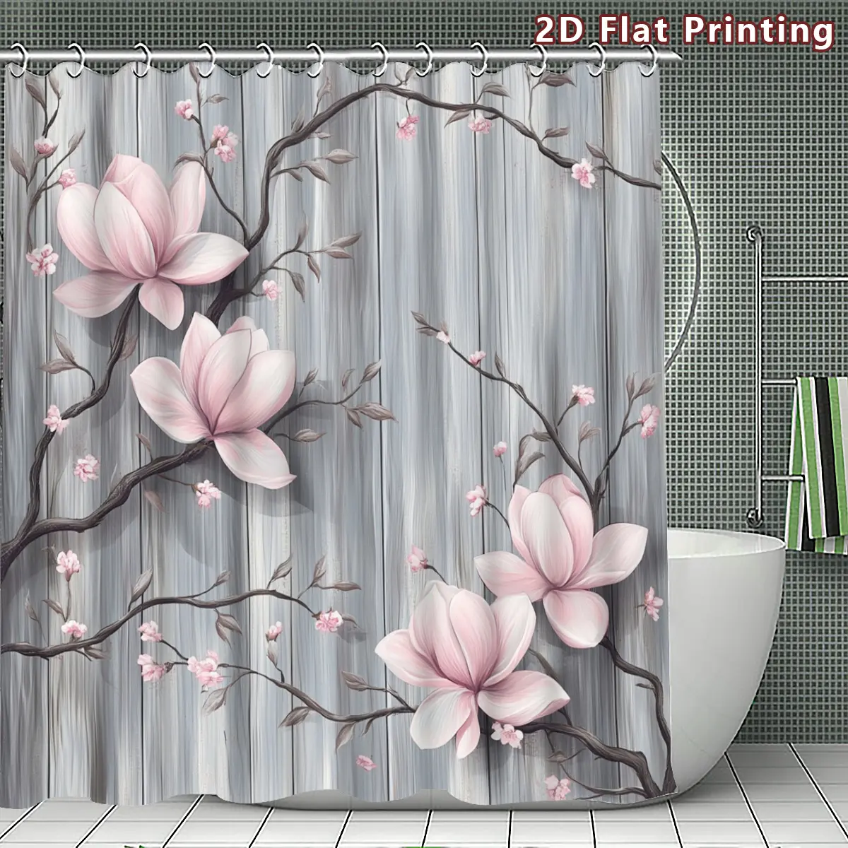2D Flat, 2D Flat 4pcs Pink Magnolia Shower Curtain Set, Light Pink Flower on Grey Wood Bathroom Decor, Accessories with Bath Mat, U - Shaped Mat, Toilet Lid Cover, Shower Curtain Includes Hooks, Floral Home, Home Decor, Bathroom Accessories, 2D Flat,,top,