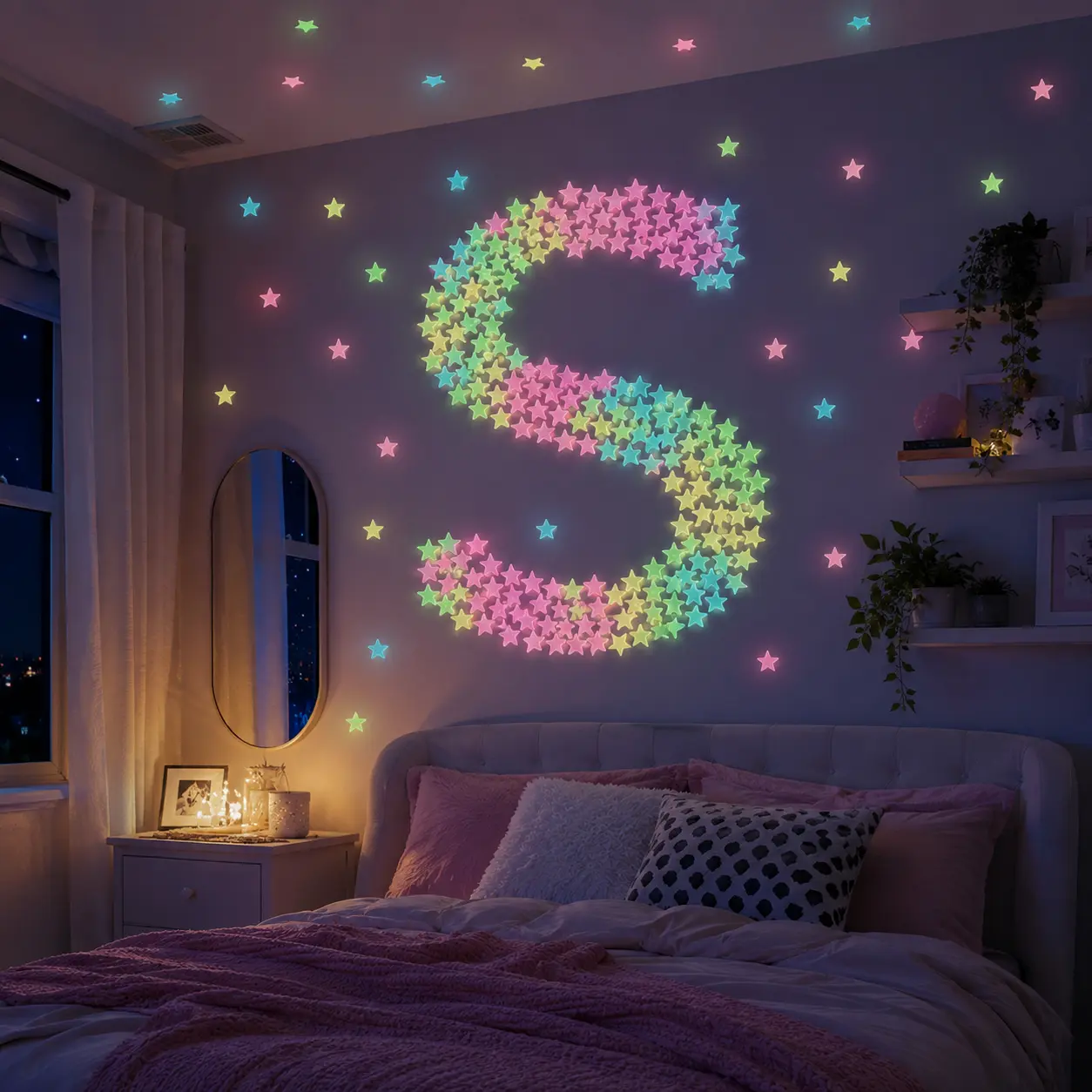 100PCS Luminous Glow-in-Dark Star-Shaped Decorative Stickers, Wall/Ceiling Adhesives for Home Room Decoration, Nighttime