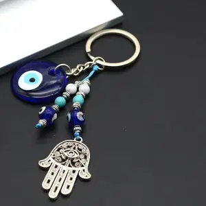 Turkish Blue Eye Hand Keychain Beaded Pendant Charm, Handmade Evil Eye Hamsa Hand Keychain, Luck Alloy Key Chain Ring Gift for Men Women