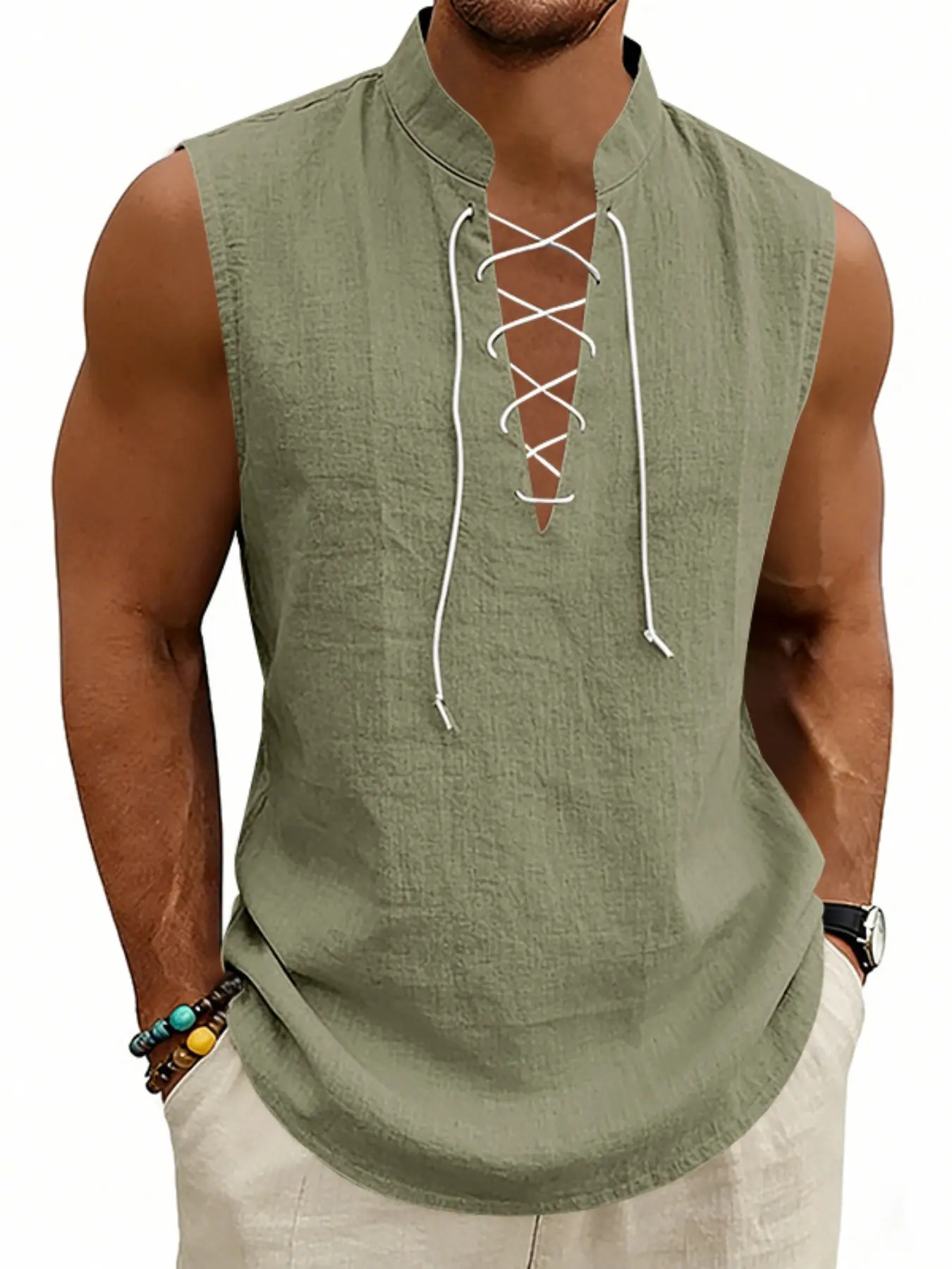 Men's Linen Sleeveless Tie-Back Shirt, Stand Collar Cross-Tie Design Top, Breathable Summer Tropical Beach Vacation Casual Vest, Daily Commute Fashion, Casual Streetwear Top, Casual Summer Style, Casual Fashion Clothing, Menswear