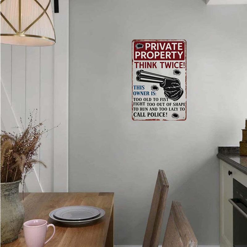 "Private Property - Think Twice!" Vintage Aluminum Metal Sign - 12x8in Funny Home Protection Wall Decor Hanging Lazy Safety Signage
