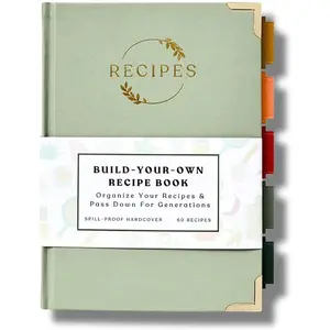Collection Blank Recipe Notebook | Small Blank Recipe Book to Write Your Own Recipes | Artisan Hardcover Journal for 60 Recipes | 8.4” x 6” Leather Sage Green & Gold Hardcover | Tabs, Stickers, Pocket & Bookmarks