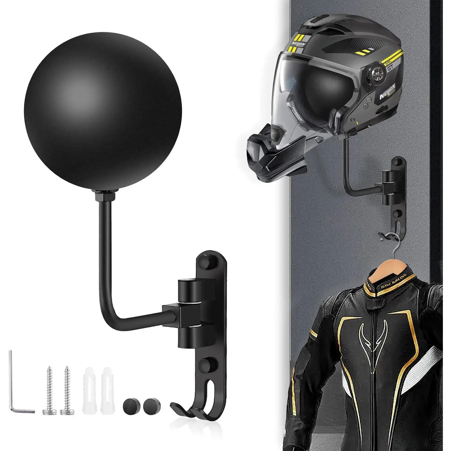 Motorcycle Helmet Rack Wall Mount 180 Degree Rotation Metal Bike Helmet Holder Mount Bicycle Helmet Display Hanger Stand with 2 Hooks for Motorcycle Bike Baseball Rugby Helmet - Black, 1 Pcs