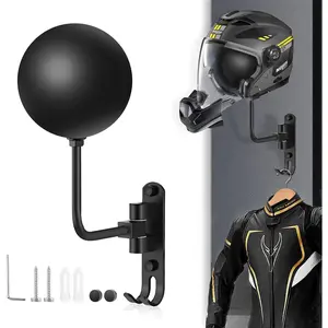 Helmet Rack Wall Mount 180 Degree Rotation Metal Bike Helmet Holder Mount Bicycle Helmet Display Hanger Stand with 2 Hooks for Motorcycle Bike Baseball Rugby Helmet - Black, 1 Pcs