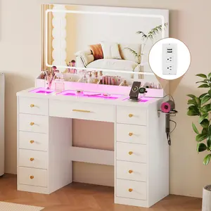 White Makeup Vanity, 11 Drawers Vanity Mirror with Lights, Makeup Vanity Desk with 3 Lighting Modes Adjustable Brightness, Vanity with Glass Top for Bedroom